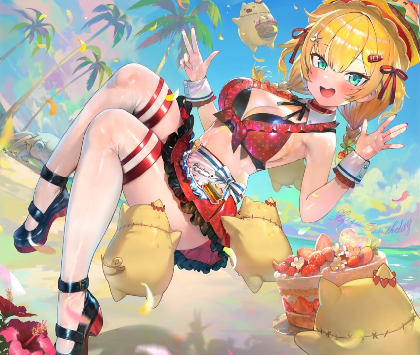 1girl, akai_haato, akai_haato_(waitress), ankle_belt, apron, armpits, asymmetrical_bangs, beach