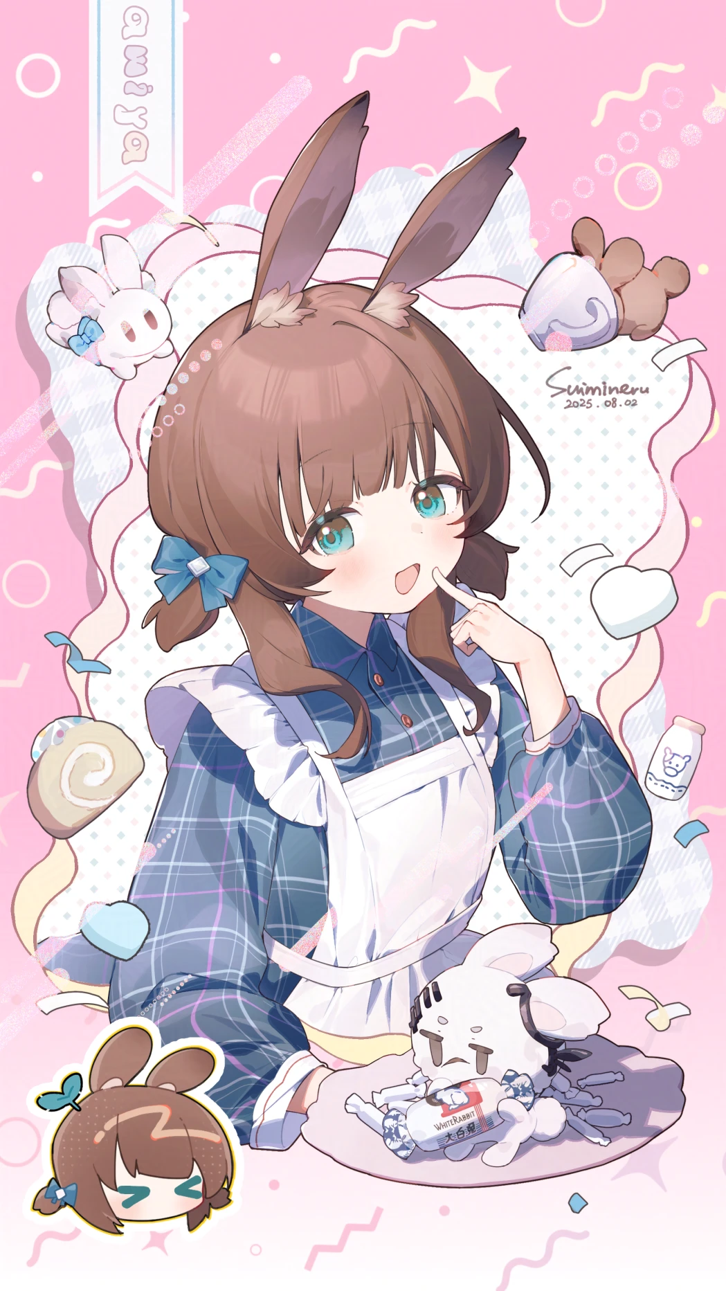 1girl, :d, alternate_costume, amiya_(arknights), animal_ear_fluff, animal_ears, apron, arknights, artist_name, blue_bow, blue_eyes, blue_shirt, blush, bottle, bow, brown_hair, candy, candy_wrapper, chibi, chibi_inset, cropped_torso, dated, eru_daydream, finger_to_mouth, food, frilled_apron, frills, hair_bow, hand_up, head_tilt, highres, holding, holding_plate, index_finger_raised, long_sleeves, looking_at_viewer, open_mouth, pink_background, plaid_clothes, plaid_skirt, plate, puffy_long_sleeves, puffy_sleeves, rabbit, rabbit_ears, shirt, short_hair, sidelocks, signature, skirt, smile, solo, stuffed_animal, stuffed_rabbit, stuffed_toy, upper_body, white_apron, white_rabbit_candy