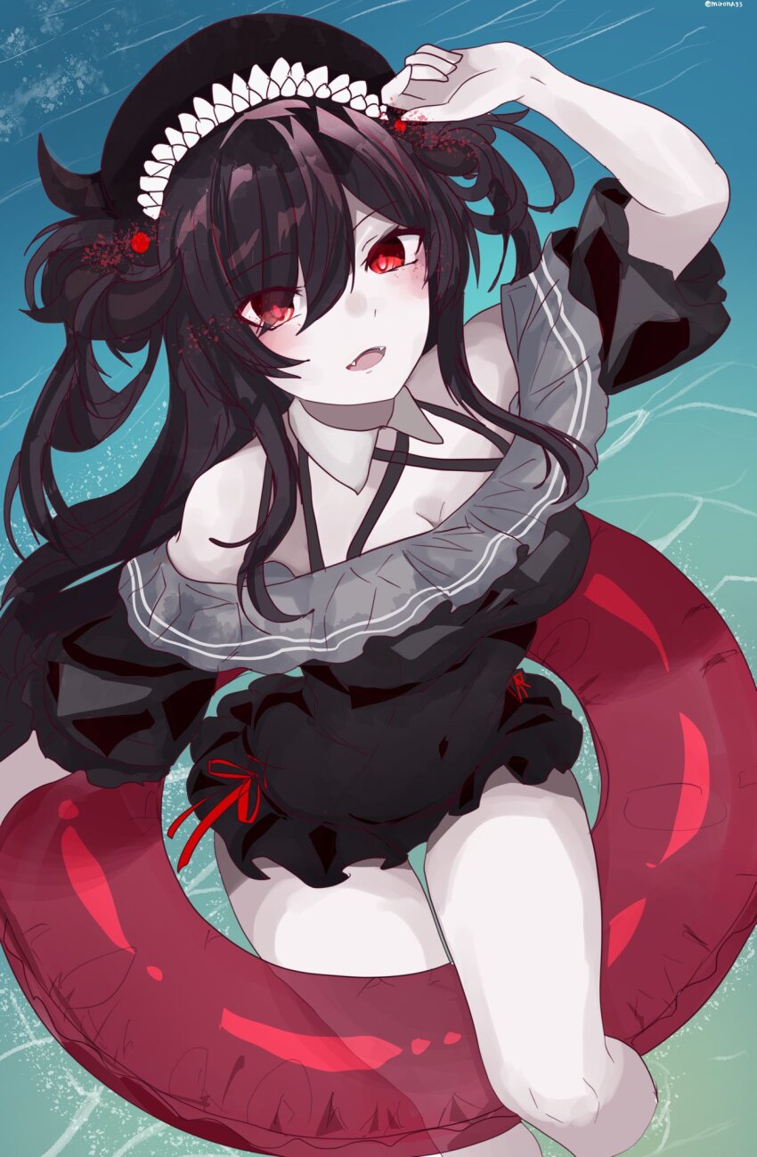 1girl, abyssal_ship, alternate_costume, arm_up, bare_shoulders, beach, black_hair, black_hat