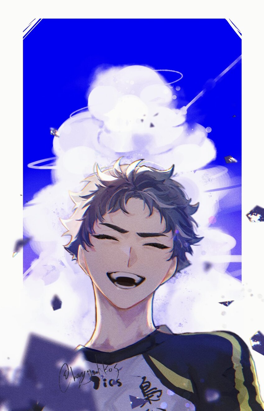 1boy, ^_^, akaashi_keiji, bayg_hkos, black_hair, border, closed_eyes, cloud