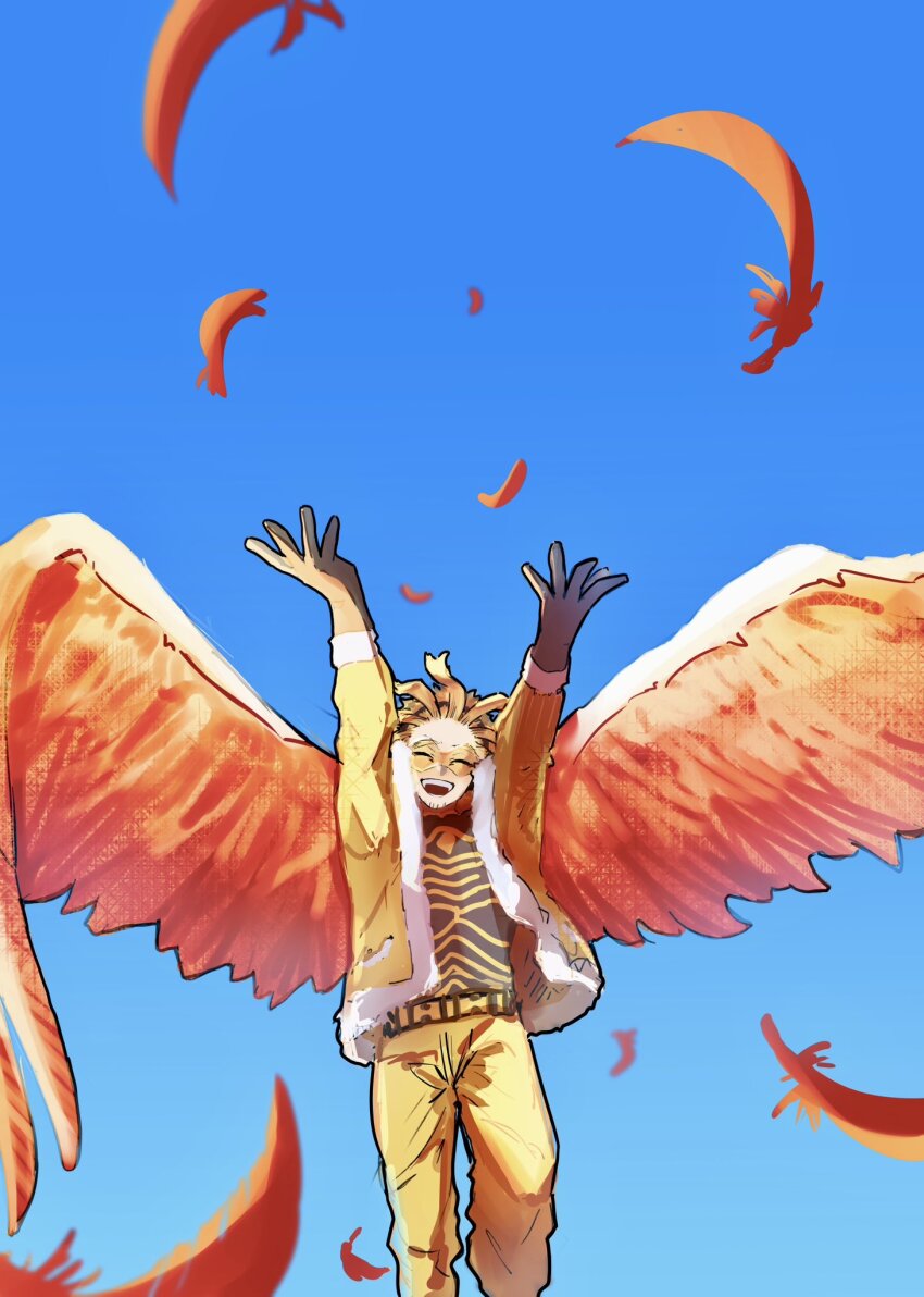1boy, arms_up, bayg_hkos, belt, black_gloves, blonde_hair, blue_sky, boku_no_hero_academia, commentary_request, facial_hair, falling_feathers, feathered_wings, feathers, feet_out_of_frame, floating_hair, fur-trimmed_jacket, fur-trimmed_sleeves, fur_trim, gloves, goatee, hawks_(boku_no_hero_academia), highres, jacket, male_focus, open_mouth, orange_wings, pants, patterned_clothing, shirt, short_hair, sky, smile, solo, superhero_costume, teeth, tinted_eyewear, upper_teeth_only, white_fur, wings, yellow-tinted_eyewear, yellow_belt, yellow_pants