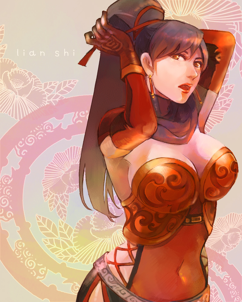 1girl, adjusting, adjusting_hair, arm_up, black_hair, breasts, brown_eyes, bustier, cleavage, earrings, elbow_gloves, female_focus, gloves, jewelry, large_breasts, lianshi_(shin_sangoku_musou), lingerie, lips, makoto1009, ponytail, shin_sangoku_musou, side_slit, solo, underwear