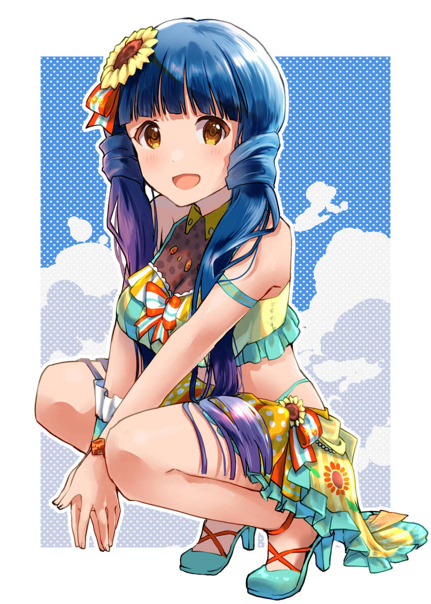 1girl, :d, aqua_shoes, armband, blue_hair, blunt_bangs, border, breasts