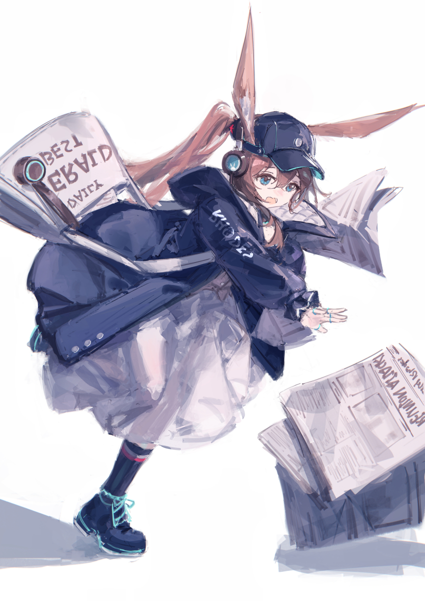 1girl, absurdres, amiya_(arknights), amiya_(newsgirl)_(arknights), animal_ears, arknights, bag, baseball_cap, black_hat, black_jacket, black_socks, blue_eyes, brown_hair, dress, ears_through_headwear, facing_down, facing_to_the_side, from_side, full_body, hair_between_eyes, hat, headphones, highres, holding, holding_newspaper, hood, jacket, jewelry, leaning_forward, learm_kokoyo, leg_up, long_hair, long_sleeves, looking_down, multiple_rings, newspaper, official_alternate_costume, open_clothes, open_jacket, open_mouth, outstretched_arm, ponytail, rabbit_ears, ring, shoes, shoulder_bag, simple_background, sketch, socks, solo, standing, standing_on_one_leg, white_background, white_dress