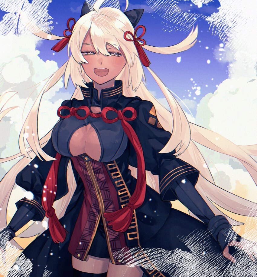 1girl, ahoge, black_bow, black_coat, black_thighhighs, blush, bow, breasts, cleavage_cutout, clothing_cutout, cloud, coat, dark-skinned_female, dark_skin, fate/grand_order, fate_(series), hair_bow, hair_ornament, highres, large_breasts, long_hair, long_sleeves, looking_at_viewer, moryo_1, okita_souji_alter_(second_ascension)_(fate), smile, tassel, thighhighs, very_long_hair, white_hair, yellow_eyes, zettai_ryouiki