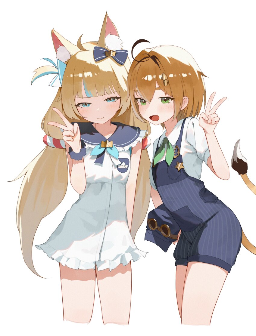 2girls, :d, absurdres, ahoge, animal_ear_fluff, animal_ears, blonde_hair, blue_bow