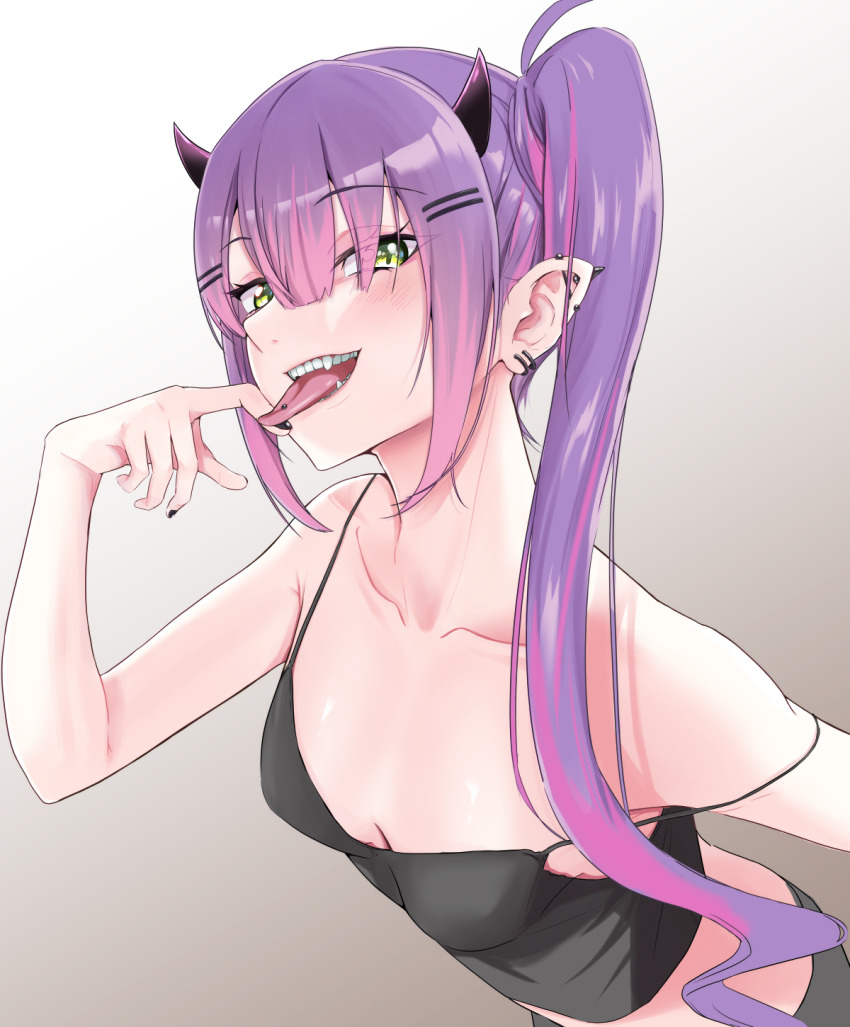 1girl, bare_shoulders, black_tank_top, blush, breasts, collarbone, colored_inner_hair, commentary