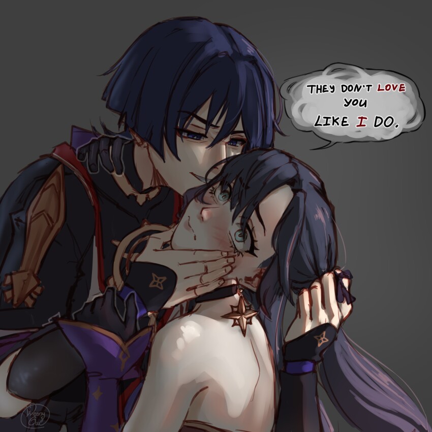 1boy, 1girl, aqua_eyes, armor, artist_name, backless_leotard, bare_shoulders, black_bodysuit