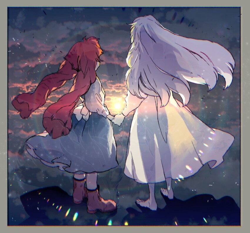 2girls, alice_(vlad_grimms), andersen_(vlad_grimms), apron, aqua_dress, aqua_sleeves, back_bow, bakushi_(smys2017), barefoot, boots, border, bow, braid, brown_boots, colored_skin, commentary_request, dress, grey_border, height_difference, holding_hands, leather, leather_boots, light_particles, long_dress, long_hair, long_sleeves, low-braided_long_hair, low-tied_long_hair, multiple_girls, overlapped_images, pale_skin, puffy_long_sleeves, puffy_sleeves, red_hair, sunlight, toes, twin_braids, very_long_hair, vlad_grimms, white_apron, white_bow, white_dress, white_hair, white_skin, white_sleeves