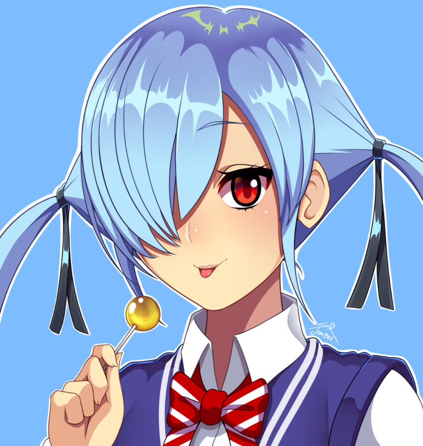 1girl, blue_background, blue_hair, blue_sweater_vest, bow, bowtie, candy, collared_shirt