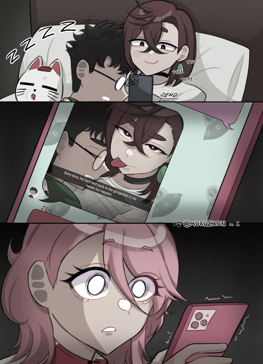 1boy, 3girls, ayase_momo, black_choker, black_hair, brown_eyes, brown_hair, cat, choker, commentary, dandadan, earrings, english_commentary, glasses, hair_between_eyes, hetero, highres, holding, holding_phone, jewelry, looking_at_viewer, morgzkun, multiple_girls, phone, pink_hair, round_eyewear, shiratori_aira_(dandadan), short_hair, skirt, sleeping, takakura_ken_(dandadan), tongue, tongue_out, turbo_granny_(dandadan)