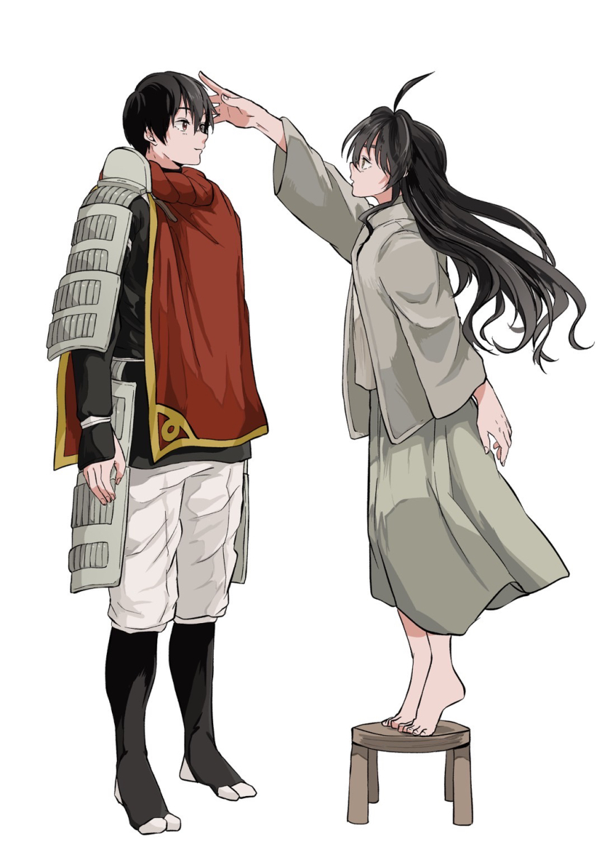 1boy, 1girl, ahoge, armor, barefoot, black_hair, buppii_buru, cloak