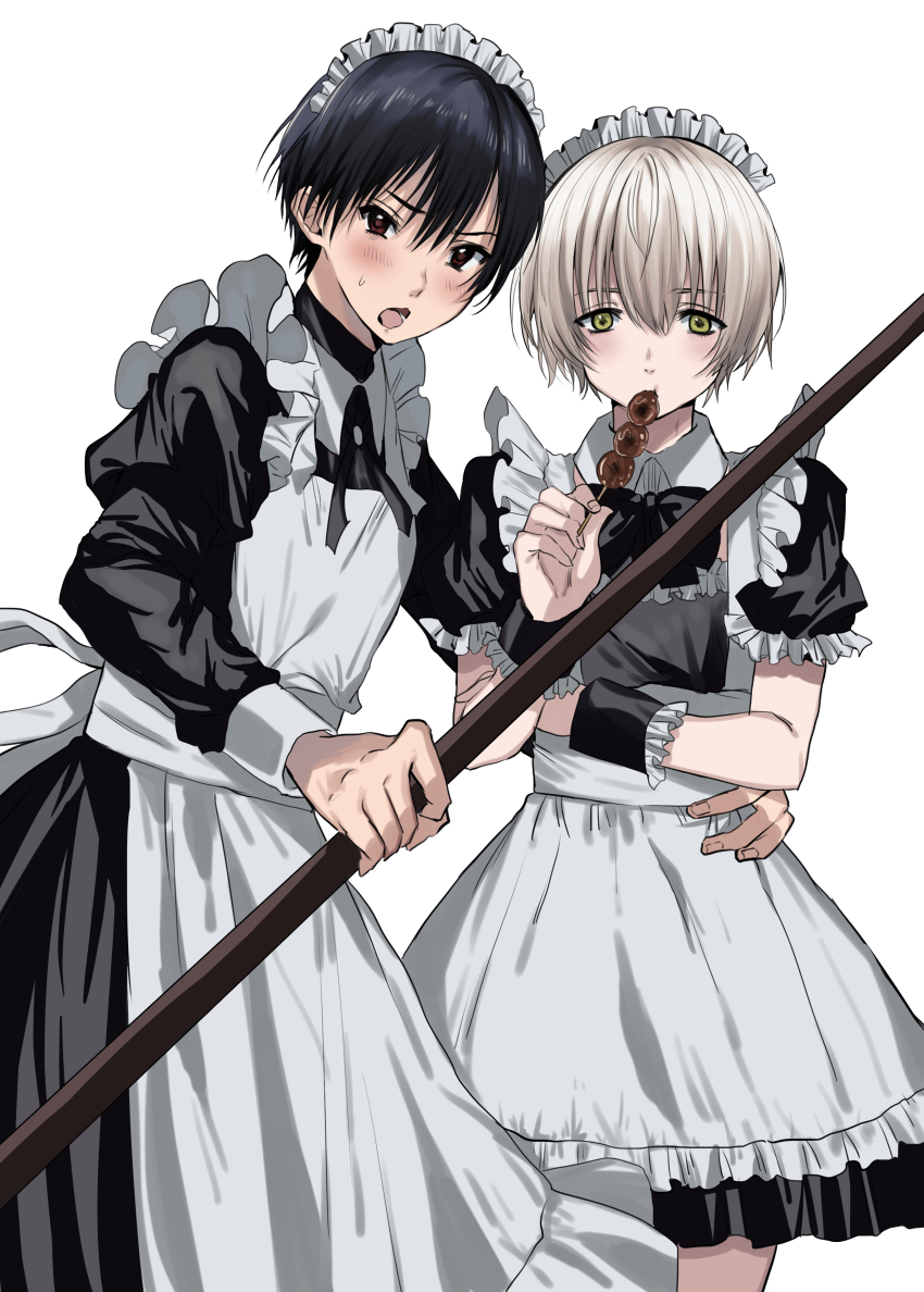 2boys, absurdres, alternate_costume, apron, arm_across_waist, arm_around_another's_waist, black_dress, black_hair, blush, broom, commentary, crossdressing, crossdressing_(mtf), dango, dress, eating, embarrassed, enmaided, food, food_in_mouth, fumetsu_no_anata_e, fushi_(fumetsu_no_anata_e), hair_between_eyes, highres, holding, holding_broom, juliet_sleeves, kahaku_(fumetsu_no_anata_e), kasukasugom1, long_sleeves, looking_at_viewer, maid, maid_apron, maid_headdress, male_focus, mitarashi_dango, multiple_boys, open_mouth, puffy_sleeves, red_eyes, short_hair, shy, sweatdrop, trap, wagashi, white_background, yaoi, yellow_eyes