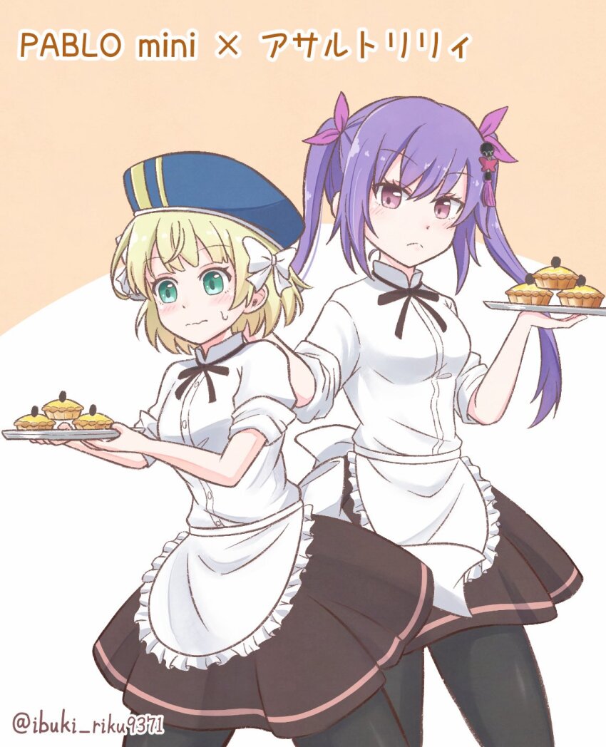 2girls, adapted_costume, apron, aqua_eyes, assault_lily, back_bow, beret, black_pantyhose