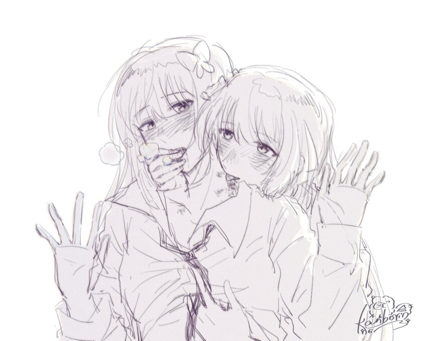 2girls, artist_name, assault_lily, behind_another, bing_bushi_ganmao_ling_z, blood, blood_on_hands, blood_on_neck, blush, butterfly_hair_ornament, chinese_commentary, collared_shirt, commentary_request, finger_in_another's_mouth, funada_kiito, funada_ui, greyscale, hair_ornament, hand_on_another's_chest, hands_up, head_on_another's_shoulder, heads_together, heavy_breathing, incest, licking, licking_another's_neck, licking_blood, long_sleeves, looking_at_another, looking_to_the_side, loose_necktie, monochrome, multiple_girls, necktie, open_hands, parted_lips, saliva, shirt, siblings, signature, simple_background, sisters, sketch, smile, tongue, tongue_out, upper_body, white_background, yuri
