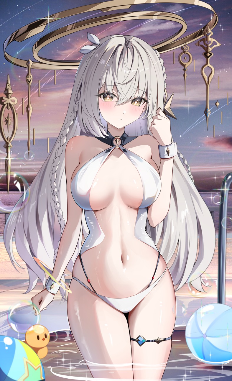 1girl, ball, bare_shoulders, beachball, bikini, blush, braid, breasts