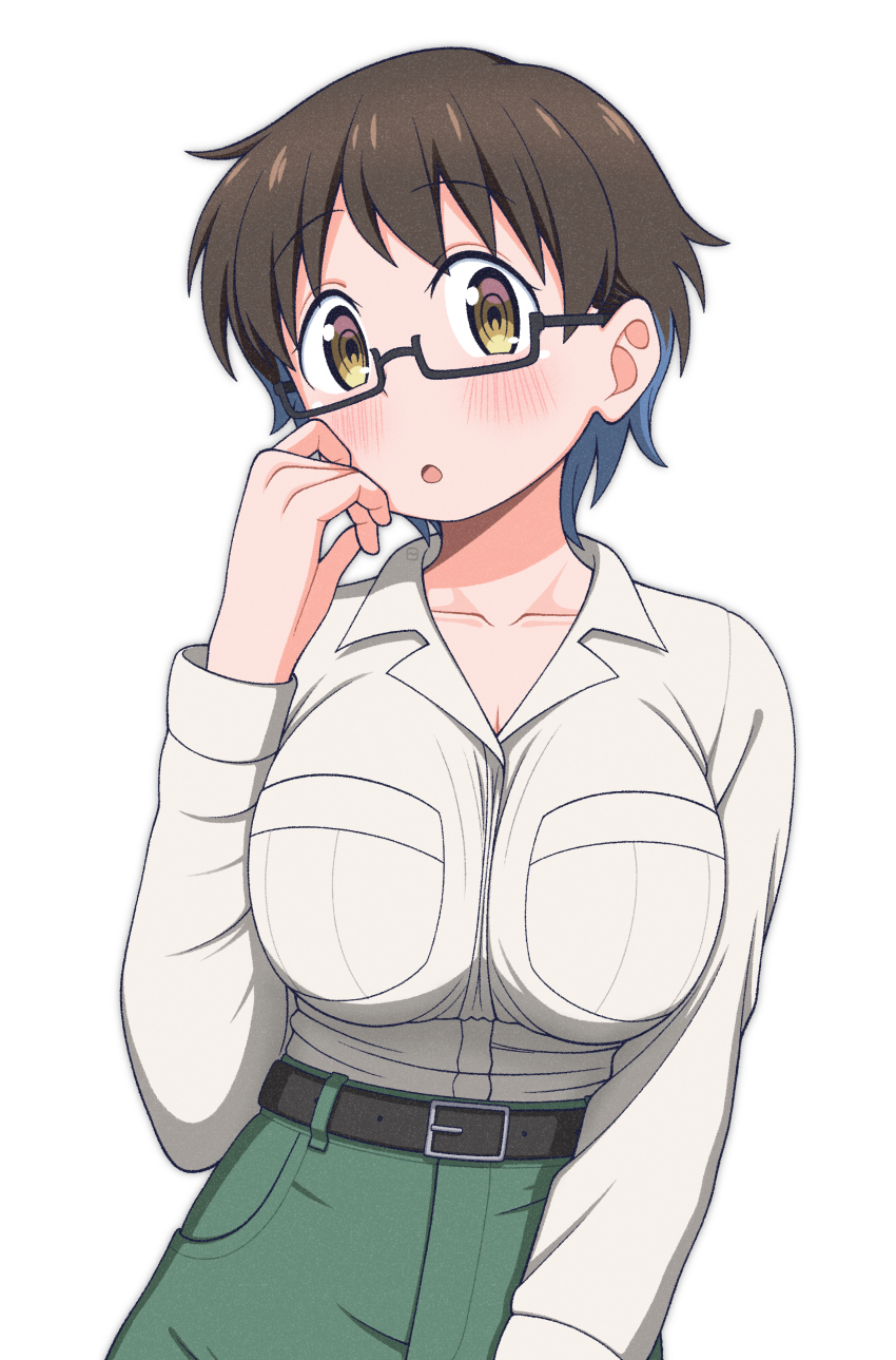 1girl, absurdres, belt, breasts, brown_eyes, brown_hair, dokadayo, glasses
