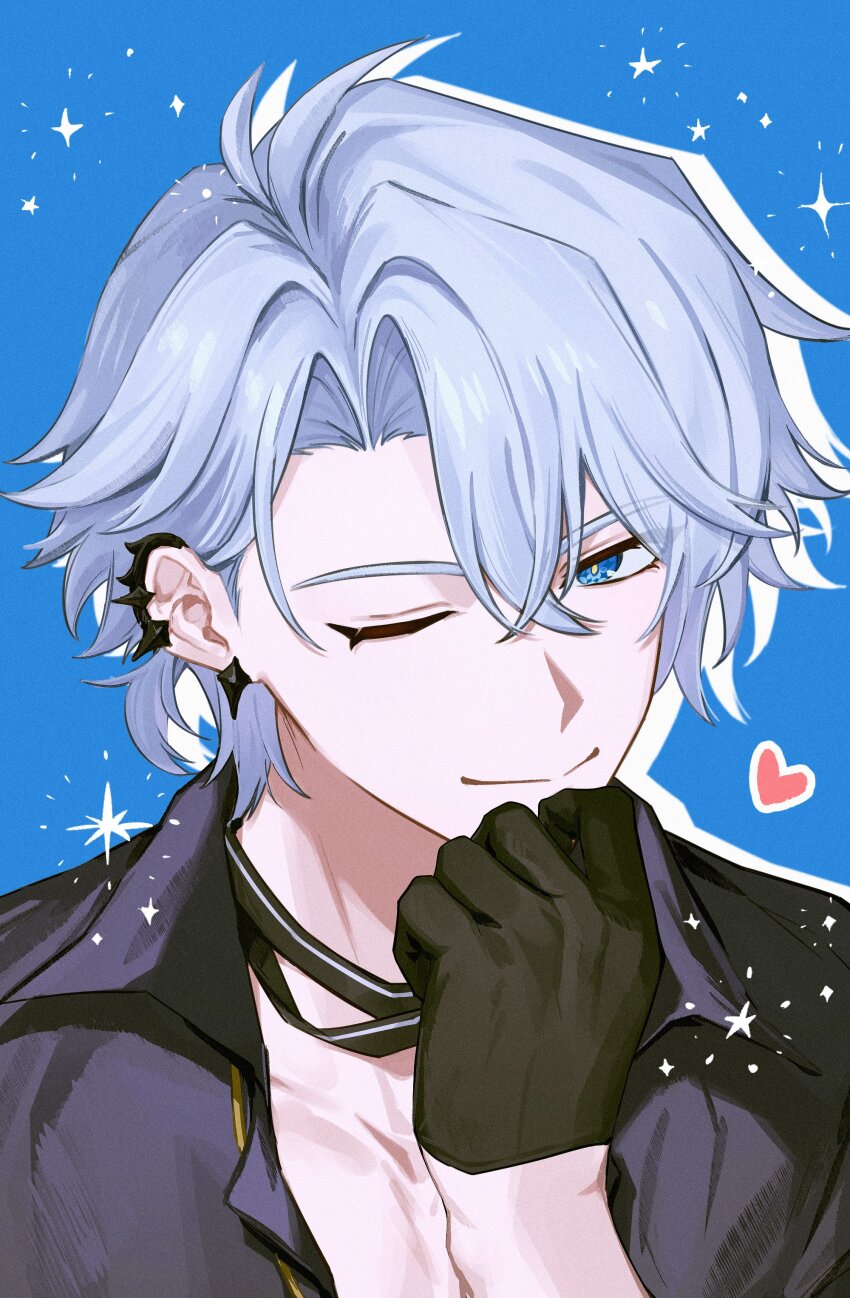 1boy, ;), absurdres, antenna_hair, black_gloves, black_shirt, blue_background, blue_eyes