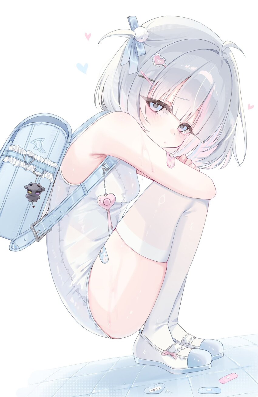 1girl, ahoge, backpack, bag, bandaid, bandaid_on_arm, blue_eyes, breasts, crime_prevention_buzzer, from_side, hair_ornament, hairclip, highres, hugging_own_legs, indie_virtual_youtuber, looking_at_viewer, nanase_yui_(vtuber), old_school_swimsuit, one-piece_swimsuit, randoseru, ribbon, school_swimsuit, shoes, short_hair, small_breasts, solo, squatting, swimsuit, thighhighs, thighs, virtual_youtuber, white_hair, white_one-piece_swimsuit, white_shoes, white_thighhighs, yu_o015