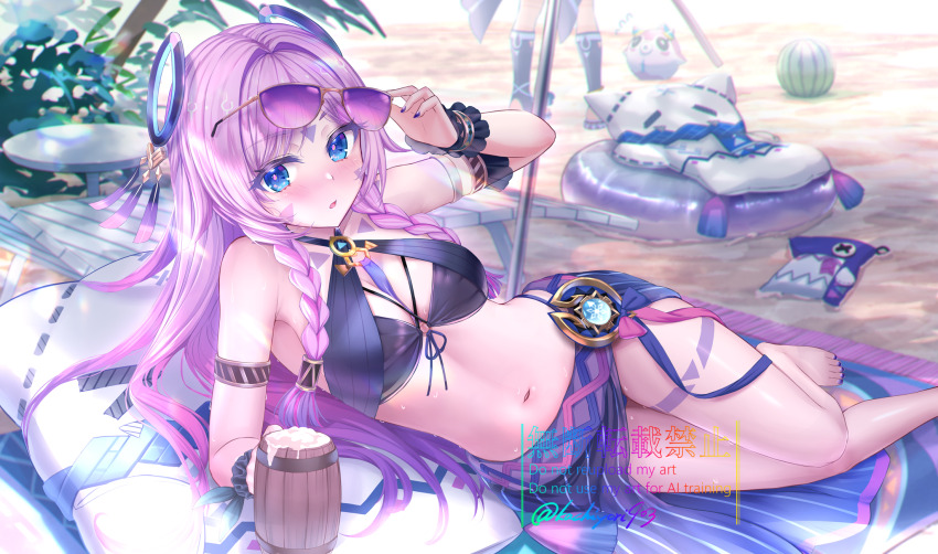 1girl, alcohol, bare_shoulders, beach, beer, beer_mug, bikini, black_bikini