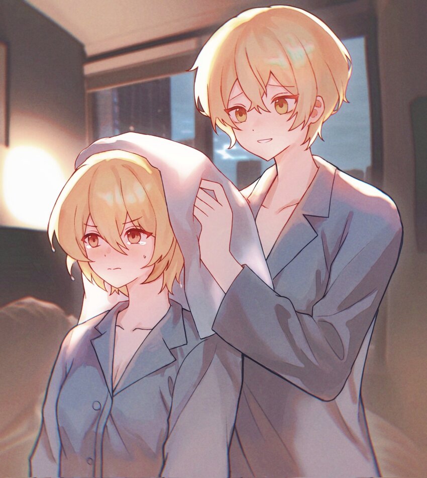 1boy, 1girl, alternate_costume, blonde_hair, blush, buhuaixiaoguai, collarbone, couple, don_quixote_(project_moon), drying, drying_another's_hair, drying_hair, hair_between_eyes, height_difference, hetero, highres, indoors, limbus_company, pajamas, project_moon, short_hair, sinclair_(project_moon), smile, sweat, upper_body, white_pajamas, yellow_eyes