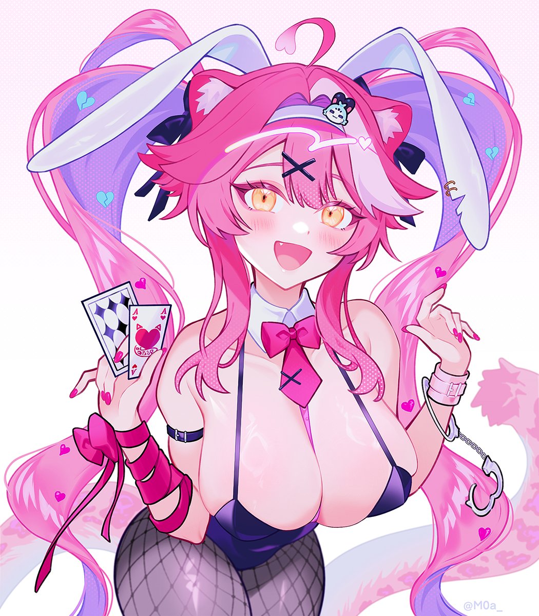1girl, ace_(playing_card), ace_of_hearts, animal_ear_fluff, animal_ears, bare_shoulders, black_leotard, blush, bow, bowtie, breasts, card, cleavage, clothing_cutout, cutout_above_navel, detached_collar, eyeshadow, facial_mark, fake_animal_ears, fishnet_pantyhose, fishnets, hair_ornament, heart, heart_cutout, highres, hololive, hololive_english, large_breasts, leotard, long_hair, looking_at_viewer, makeup, moa_(21energy12), multicolored_hair, object_in_bra, open_mouth, panther_ears, panther_girl, panther_tail, pantyhose, pink_eyeshadow, pink_hair, playboy_bunny, playing_card, rabbit_ears, rabbit_hole_(vocaloid), raora_panthera, ribbon, simple_background, smile, solo, streaked_hair, tail, teardrop_facial_mark, twintails, virtual_youtuber, white_background, white_hair, x_hair_ornament, yellow_eyes