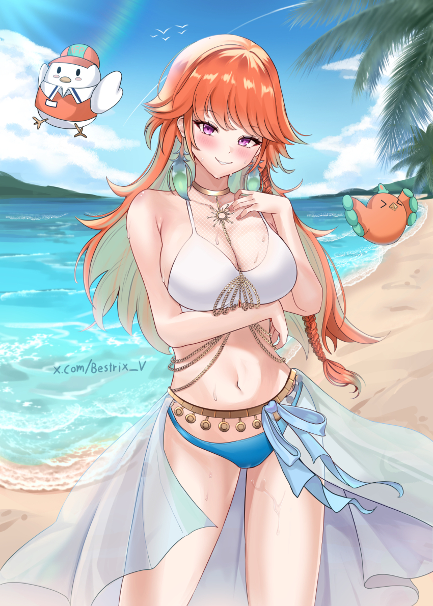 1girl, arm_under_breasts, beach, bestrix, bikini, blue_bikini, blue_sky, breasts