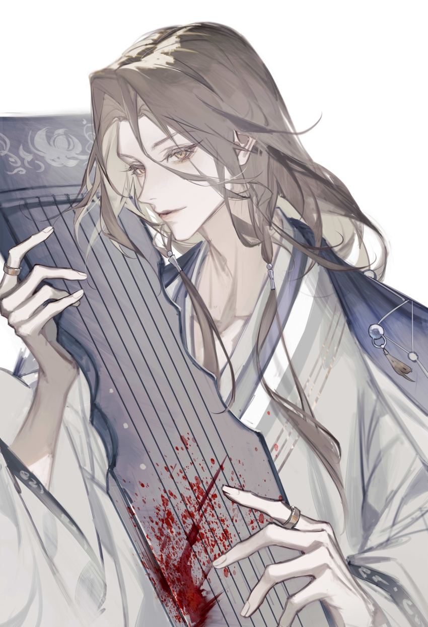 1boy, absurdres, blood, blood_on_instrument, blood_splatter, blue_jacket, brown_hair, chinese_clothes, chinese_commentary, closed_mouth, code:_kite, curtained_hair, guqin, hanfu, highres, holding, holding_instrument, instrument, jacket, jacket_on_shoulders, jewelry, light_smile, lips, long_hair, long_sleeves, looking_at_viewer, low-tied_sidelocks, male_focus, parted_bangs, ring, sidelocks, simple_background, solo, upper_body, white_background, white_hanfu, wide_sleeves, yichun583, zhou_yu_(code:_kite)