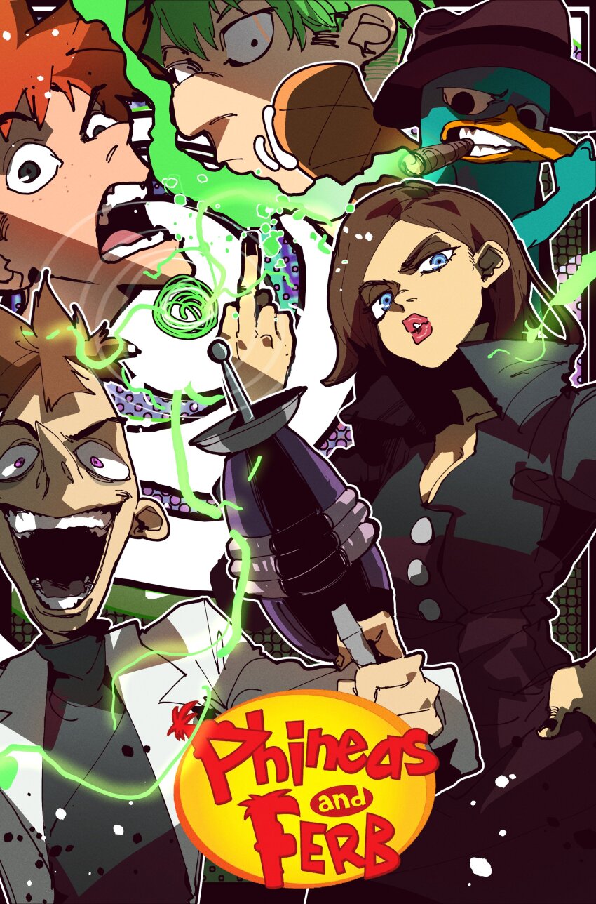 1girl, 3boys, absurdres, black_eyes, black_nails, black_shirt, blue_eyes, breasts