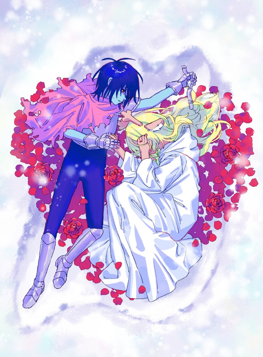 absurdres, animal_ears, antlers, armor, armored_gloves, beryllium_game, blonde_hair, blue_hair