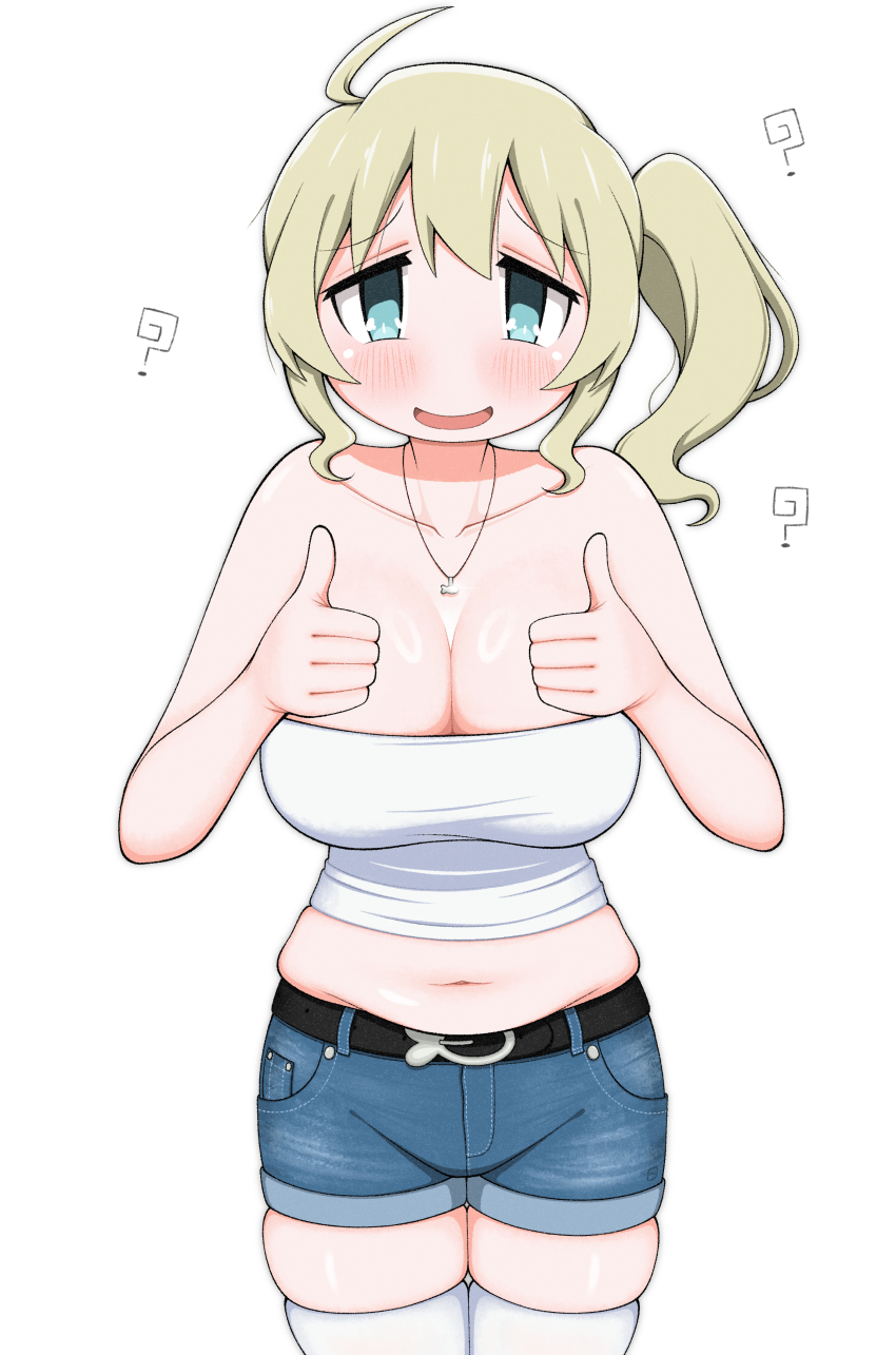 1girl, ?, absurdres, ahoge, alternate_costume, alternate_hairstyle, bare_shoulders, belt, black_belt, blonde_hair, blue_eyes, blue_shorts, blush, breasts, cleavage, collarbone, crop_top, dokadayo, double_thumbs_up, fish_necklace, highres, huge_breasts, jewelry, long_hair, looking_at_viewer, midriff, navel, necklace, open_mouth, shirt, shorts, shoujo_shuumatsu_ryokou, side_ponytail, simple_background, skindentation, smile, solo, straight-on, thighhighs, thighs, thumbs_up, white_background, white_shirt, white_thighhighs, yuuri_(shoujo_shuumatsu_ryokou)