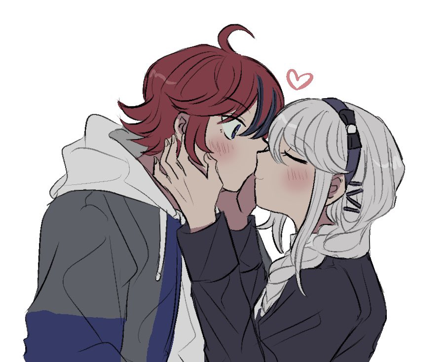 1boy, 1girl, ahoge, black_hair, black_hairband, blush, braid, closed_eyes, commentary, commission, english_commentary, grey_hair, grey_jacket, hairband, heart, height_difference, hetero, hood, hood_down, hoodie, imminent_kiss, jacket, kirifuji_nozomi, ko-fi_commission, long_hair, long_sleeves, looking_at_another, multicolored_hair, nana_(7starssovereign), open_clothes, open_jacket, profile, red_hair, short_hair, simple_background, streaked_hair, sumino_takumi, the_hundred_line_-last_defense_academy-, white_background, white_hoodie