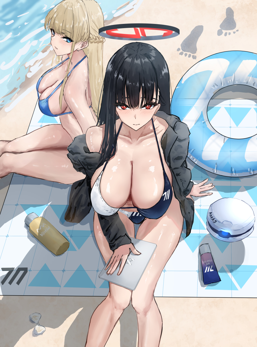 2girls, absurdres, alternate_costume, asao_(asaomm12345), bikini, black_bikini, black_hair, black_halo