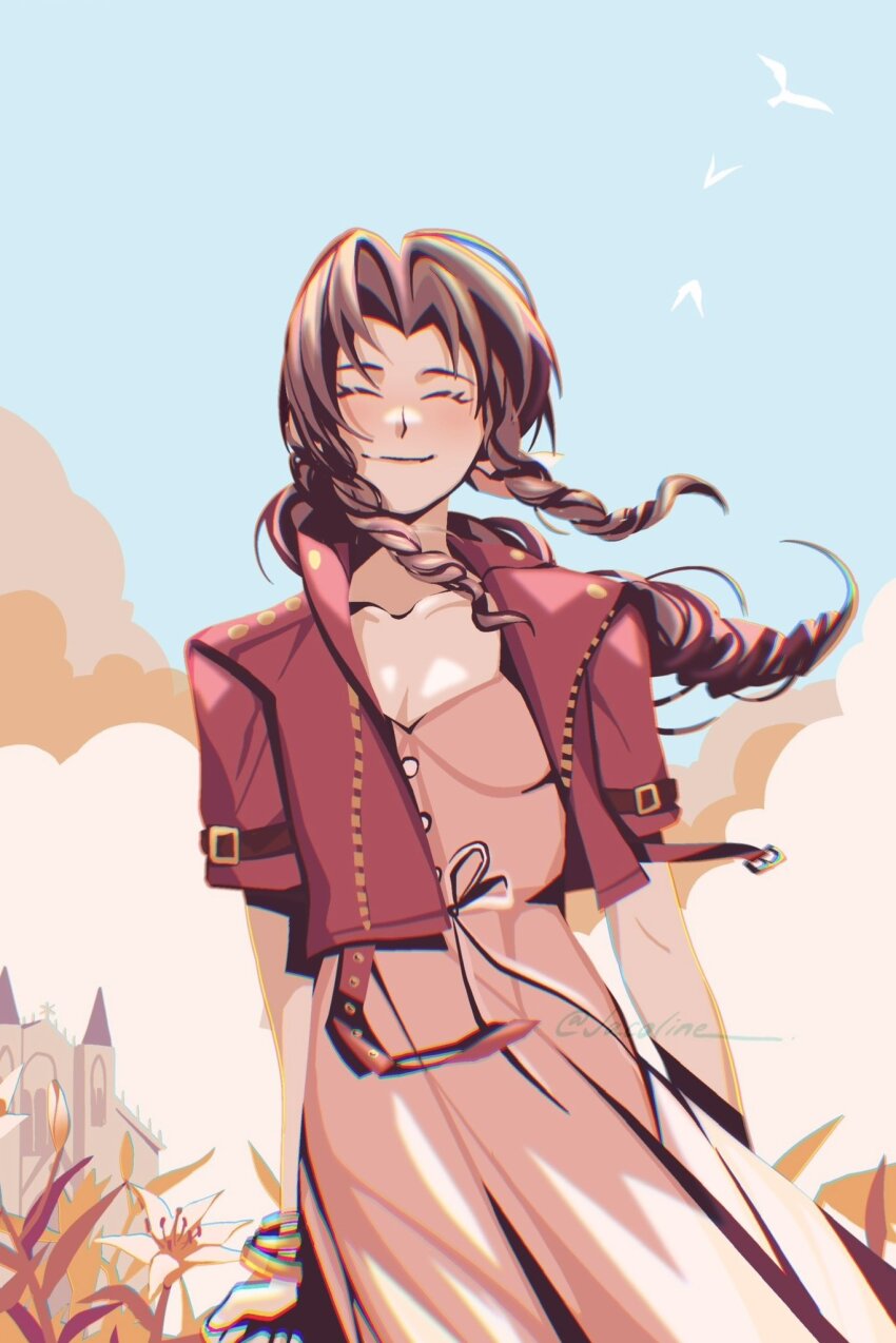 1girl, aerith_gainsborough, bangle, bird, bracelet, braid, braided_ponytail, breasts, brown_hair, church, cleavage, closed_eyes, closed_mouth, cloud, cloudy_sky, collarbone, cowboy_shot, cropped_jacket, dress, final_fantasy, final_fantasy_vii, final_fantasy_vii_rebirth, final_fantasy_vii_remake, flower, highres, jacket, jacoline, jewelry, lily_(flower), long_dress, long_hair, medium_breasts, parted_bangs, pink_dress, red_jacket, short_sleeves, sidelocks, single_braid, sky, smile
