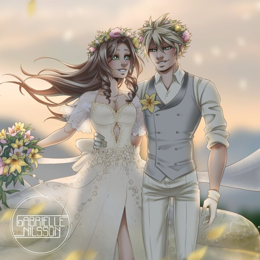 aerith_gainsborough, alternate_costume, arm_around_another's_waist, artist_name, blonde_hair, bouquet, breasts, bride