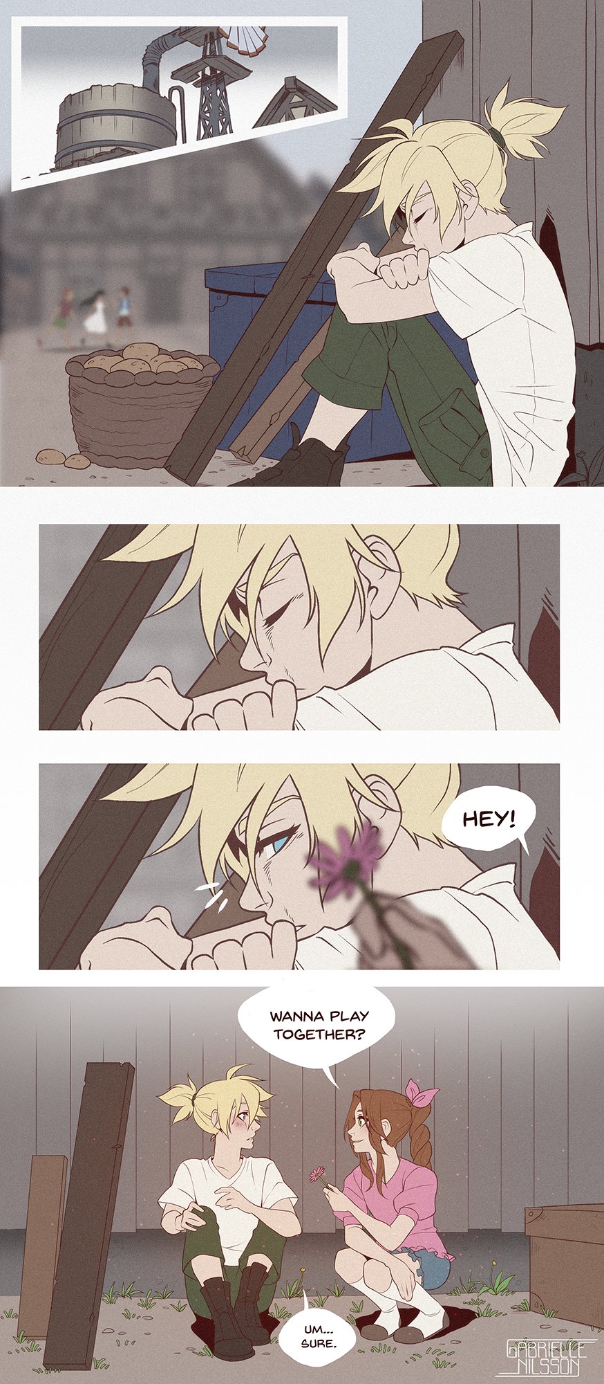 2girls, 3boys, aged_down, alternate_costume, alternate_universe, artist_name, black_boots, blonde_hair, blurry, blurry_background, blush, boots, braid, braided_ponytail, child, crying, dress, emilio, english_text, final_fantasy, final_fantasy_vii, final_fantasy_vii_remake, flower, gabbinesss, green_pants, grey_skirt, hair_between_eyes, hair_ribbon, hair_tie, highres, holding, holding_flower, hugging_own_legs, multiple_boys, multiple_girls, outdoors, pants, parted_bangs, pink_flower, pink_ribbon, pink_shirt, ponytail, ribbon, shirt, short_hair, short_ponytail, short_sleeves, sidelocks, single_braid, sitting, skirt, socks, spiked_hair, squatting, t-shirt, tifa_lockhart, town, water_tower, white_dress, white_shirt, white_socks