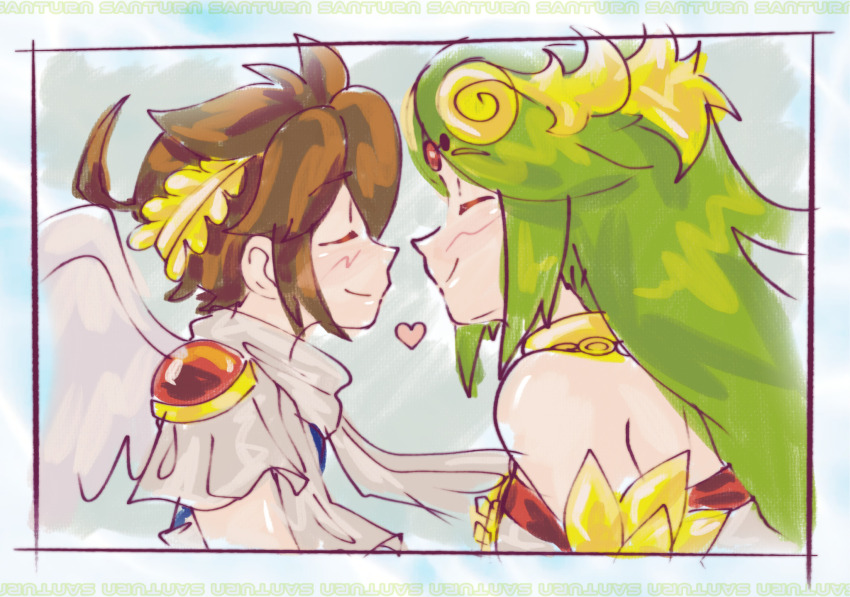 1boy, 1girl, ahoge, angel, angel_wings, artist_name, brown_hair, chain, closed_eyes, face-to-face, gold_chain, green_hair, heart, highres, kid_icarus, kid_icarus_uprising, laurel_crown, nintendo, palutena, pit_(kid_icarus), santurn, smile, upper_body, wings