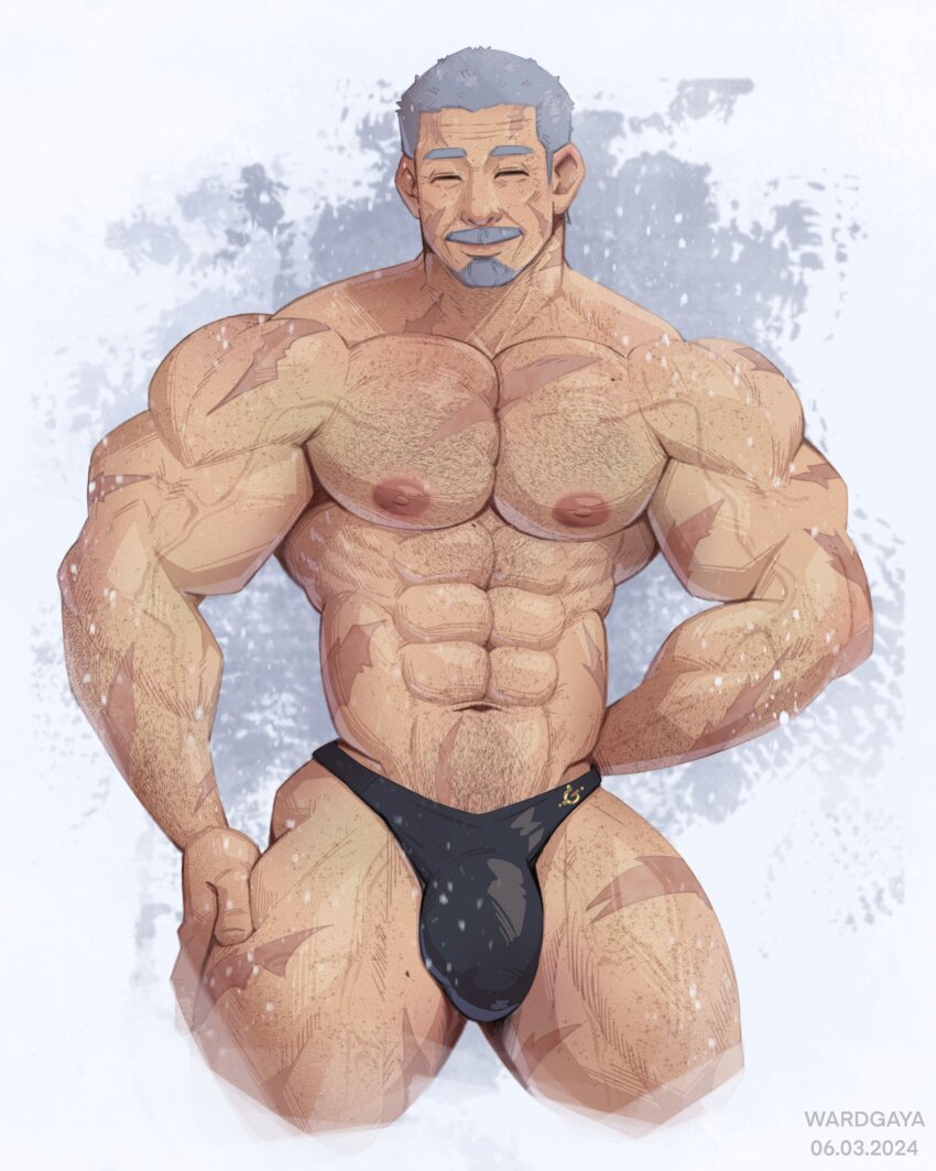 1boy, abs, artist_name, bara, bikini_briefs, bulge, closed_eyes, cropped_legs