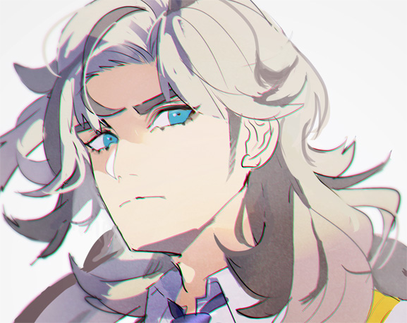 1boy, arven_(pokemon), blue_eyes, brown_hair, closed_mouth, collared_shirt, curtained_hair, frown