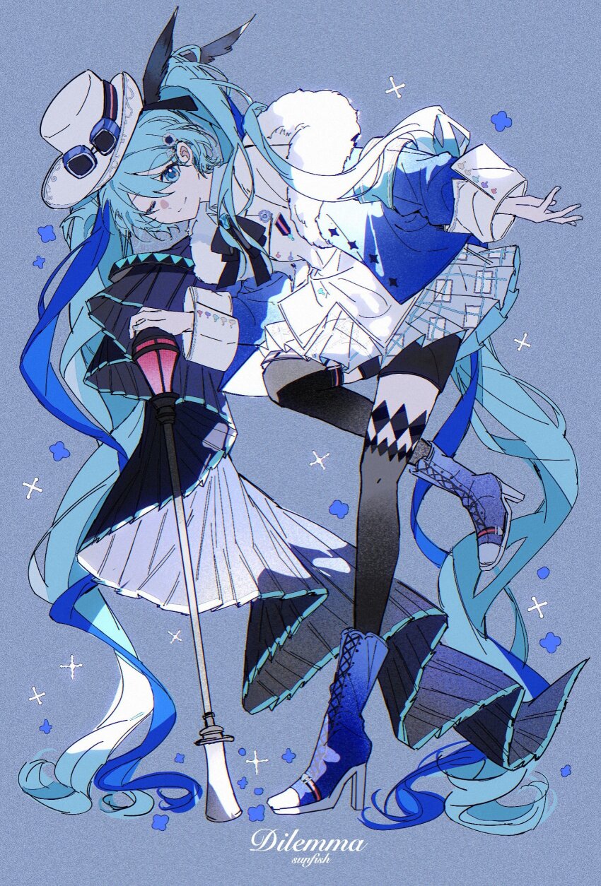 1girl, ;), artist_name, black_shorts, black_thighhighs, blue-framed_eyewear, blue_background, blue_boots