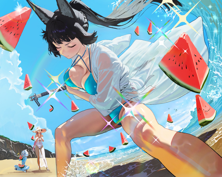 3girls, animal_ears, beach, bikini, blue_bikini, blue_skin, blue_sky, breast_press, breasts, clapping, colored_skin, eating, food, fox_ears, fox_girl, fruit, glasses, glint, highres, hintobento, holding, holding_sheath, holding_sword, holding_weapon, hoshimi_miyabi, large_breasts, long_hair, multiple_girls, ocean, one-piece_swimsuit, outdoors, pink_hair, ponytail, red_eyes, sarong, see-through_clothes, see-through_shirt, sheath, sheathing, shirt, short_hair, sky, slashing, soukaku_(zenless_zone_zero), swimsuit, sword, tsukishiro_yanagi, watermelon, watermelon_slice, weapon, white_hair, white_one-piece_swimsuit, white_sarong, white_shirt, zenless_zone_zero