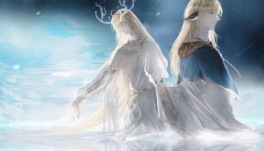 1boy, alkaid_mcgrath, alkaid_mcgrath_(spirit_world), animal_ear_hairband, animal_ears, antlers, armlet, blonde_hair