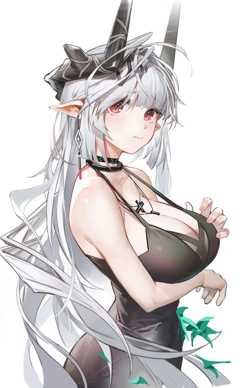 1girl, ambience_synesthesia, arknights, bare_shoulders, black_dress, black_horns, breasts, cleavage