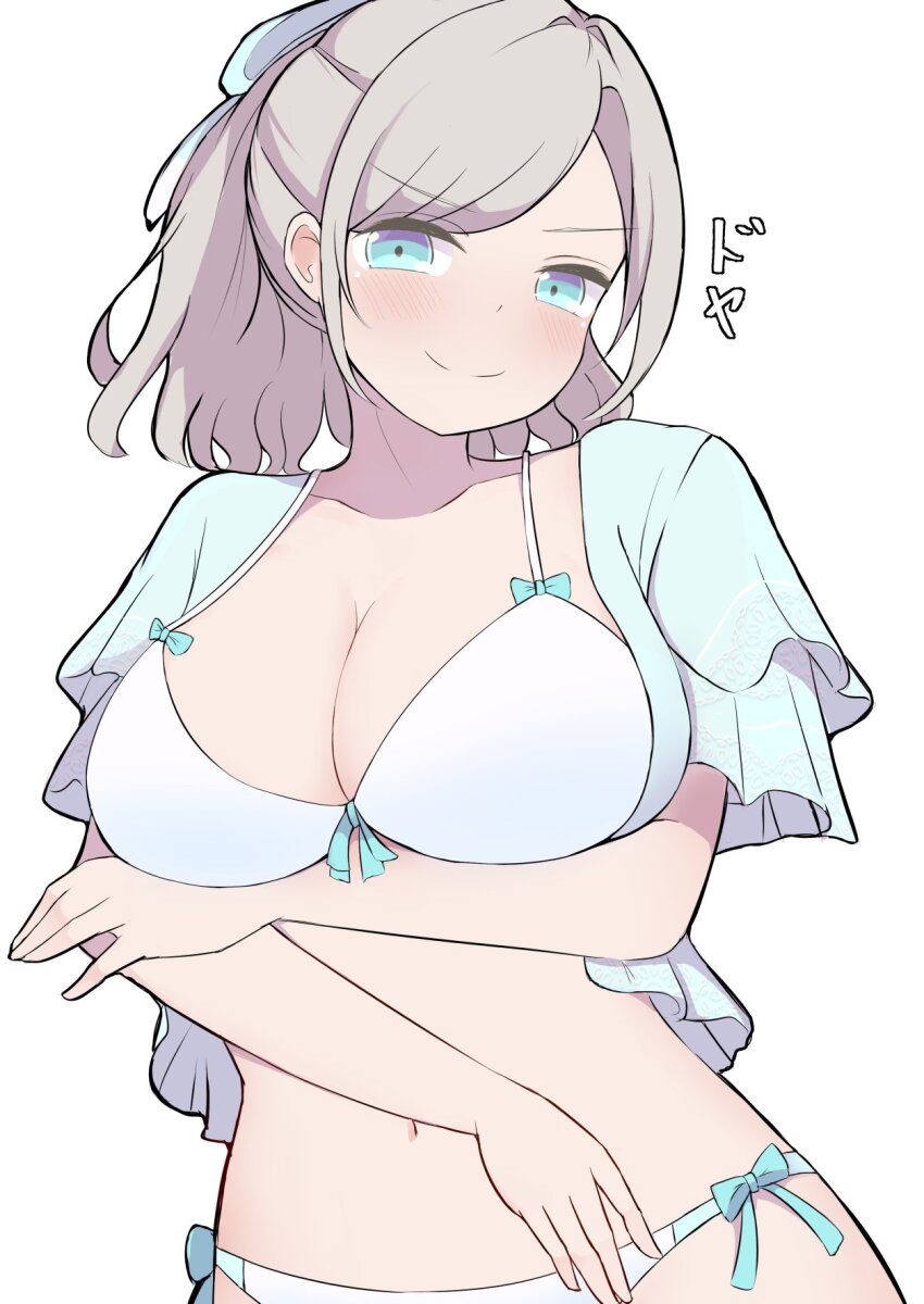 >:), 1girl, bikini, blue_jacket, blue_ribbon, breasts, ceras_yanagida_lilienfeld, ceras_yanagida_lilienfeld_(swimsuit)