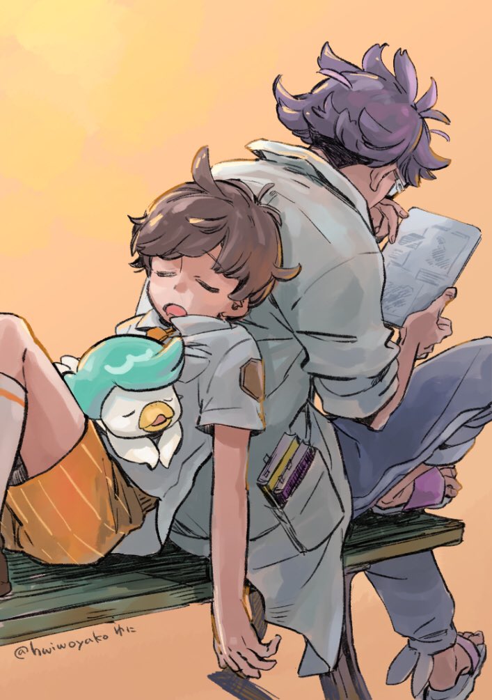 2boys, arm_up, bench, blue_pants, brown_hair, closed_eyes, coat, collared_shirt, dark-skinned_male, dark_skin, fingernails, florian_(pokemon), holding, holding_notebook, hwiwoyako, jacq_(pokemon), leaning, leaning_back, leg_up, male_focus, multiple_boys, naranja_academy_school_uniform, nintendo, notebook, on_bench, open_mouth, orange_background, orange_shorts, pants, parted_hair, pocket, pokemon, pokemon_(creature), pokemon_scarlet_and_violet, purple_hair, quaxly, reading, sandals, school_uniform, shirt, short_hair, short_sleeves, shorts, signature, sitting, sleeping, sleeves_rolled_up, white_coat, white_shirt, wing_collar