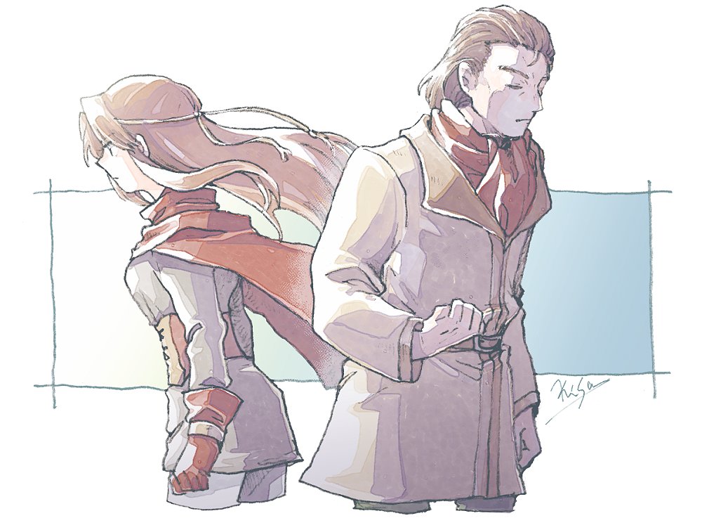 1boy, 1girl, artist_name, ascot, back-to-back, border, breasts, brother_and_sister