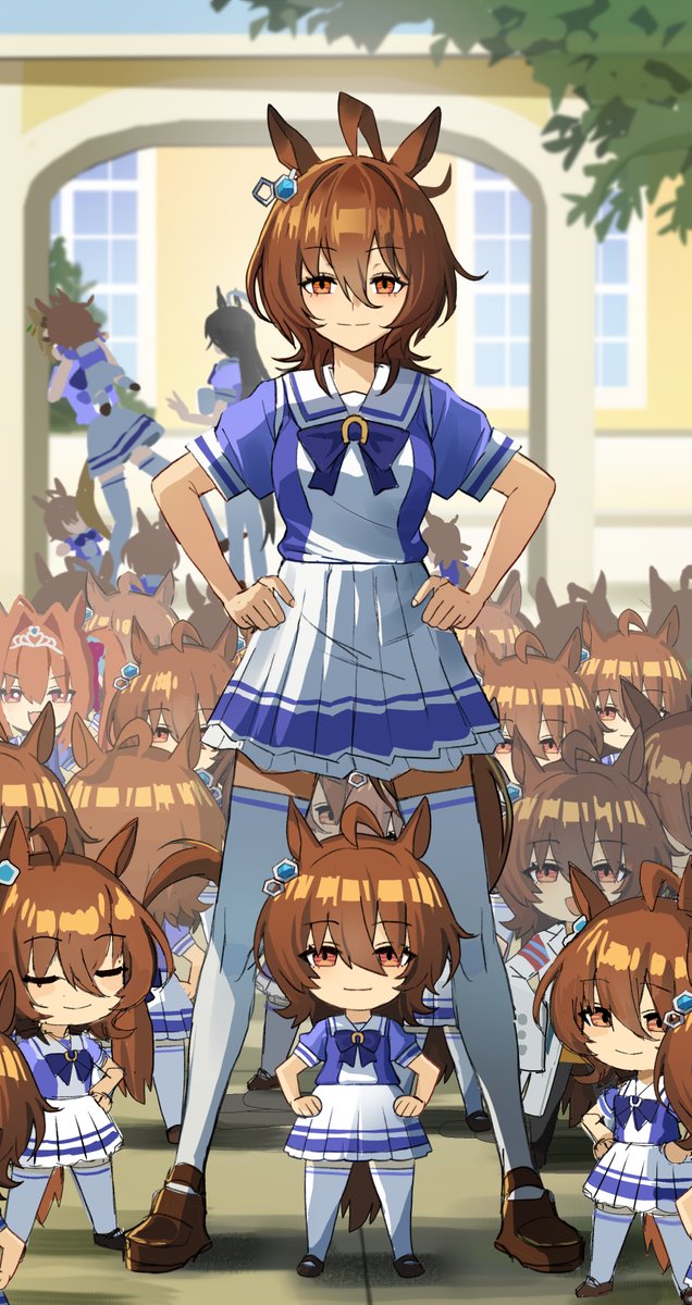 6+girls, agnes_tachyon_(umamusume), ahoge, animal_ears, brown_hair, chibi, clone, commentary, daiwa_scarlet_(umamusume), deformed, earrings, english_commentary, franz2543, hair_between_eyes, hands_on_own_hips, highres, horse_ears, horse_girl, horse_tail, jewelry, jungle_pocket_(umamusume), lab_coat, long_sleeves, manhattan_cafe_(umamusume), mini_person, minigirl, multiple_girls, multiple_persona, red_eyes, school_uniform, shirt, single_earring, standing, surrounded, tail, thighhighs, too_many, too_many_clones, tracen_school_uniform, tree, umamusume, umayuru, white_thighhighs, zettai_ryouiki