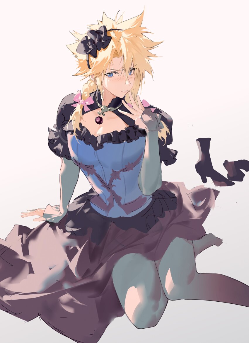 1boy, absurdres, anger_vein, black_bow, black_dress, black_hairband, blue_corset, blue_eyes