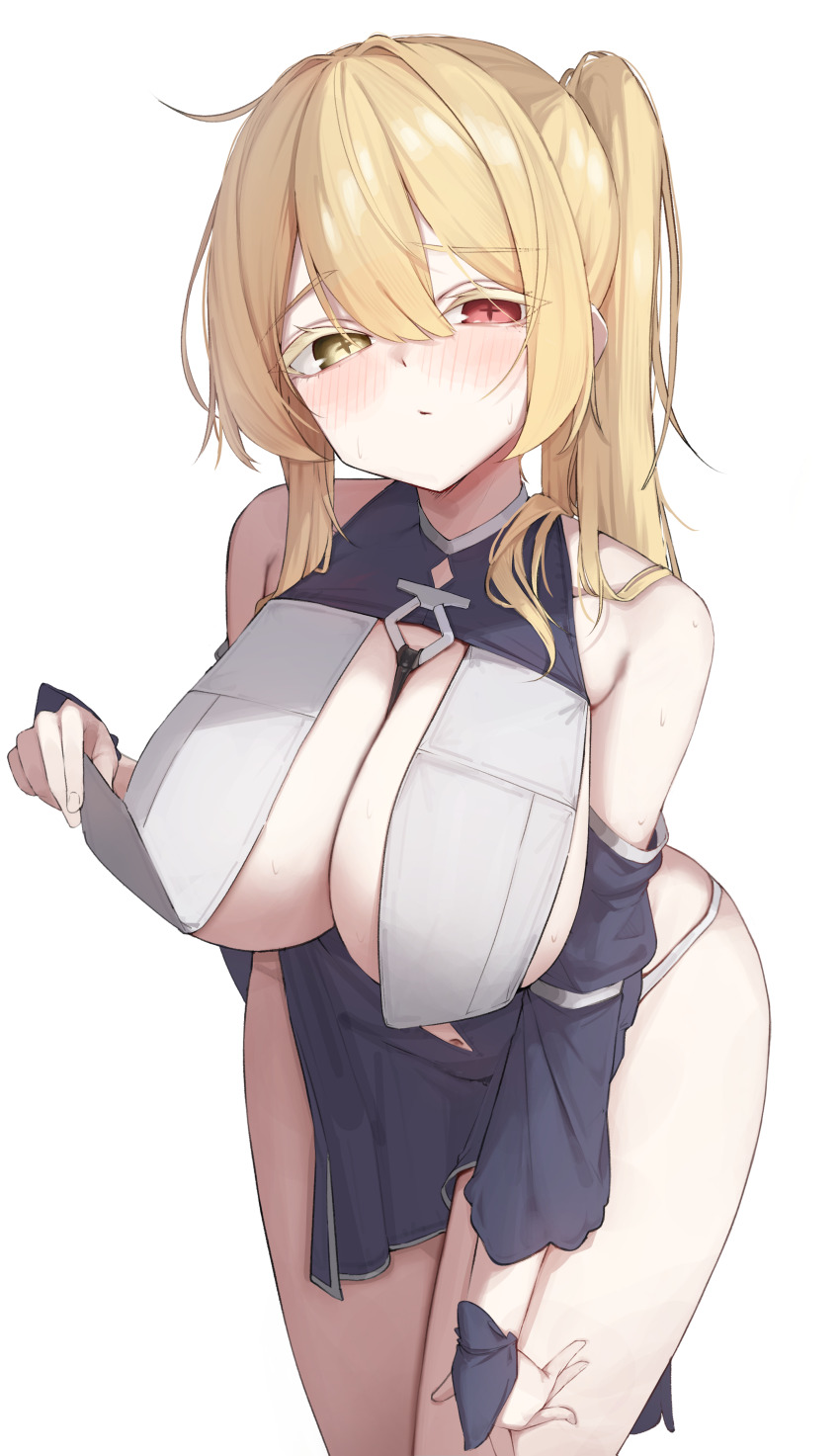 1girl, absurdres, bare_shoulders, black_dress, blonde_hair, blush, breast_curtains, breasts