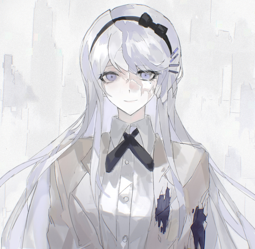 2girls, black_hairband, black_jacket, black_ribbon, chinese_commentary, collared_shirt, cracked_clothes, cracked_skin